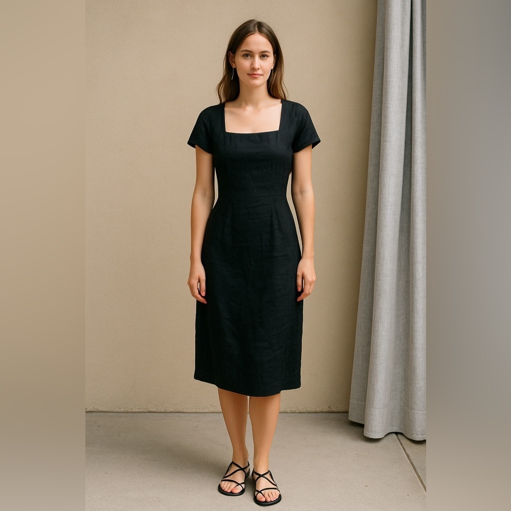 ST. GILLIAN 90’s Black Linen Dress Women's Size 6 Button back